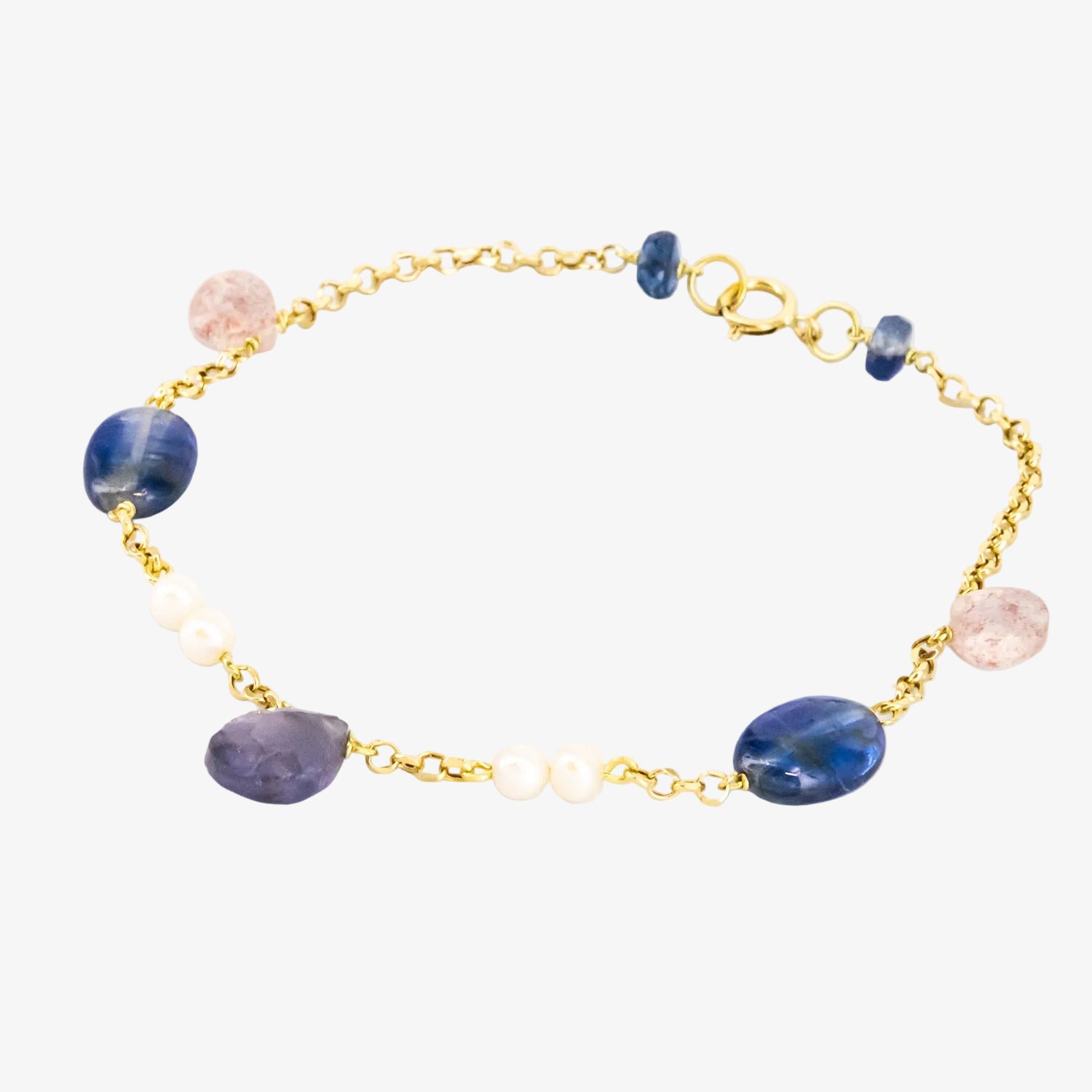 Pulsera de oro 18 kt. con zafiros, amatista, cuarzo y perlas cultivadas akoya