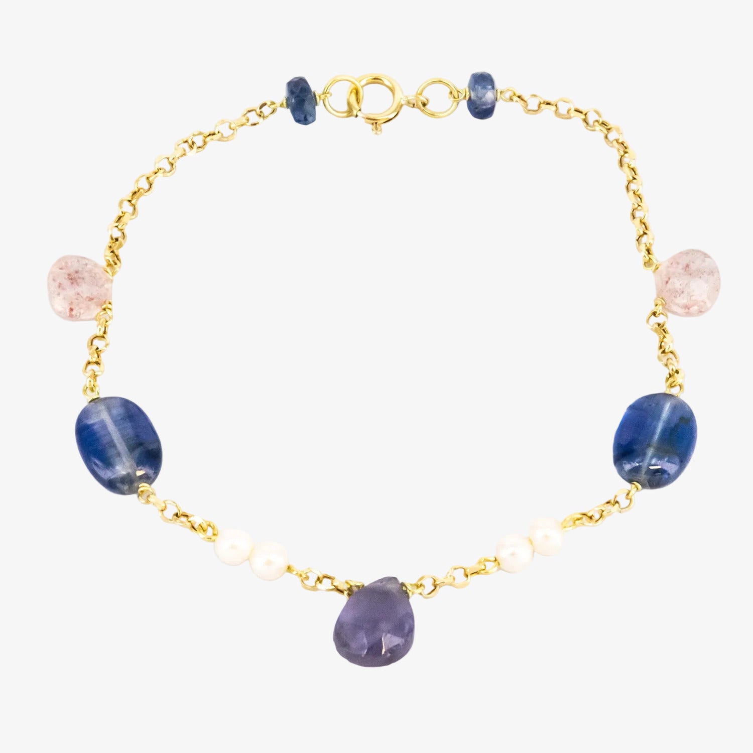 Pulsera de oro 18 kt. con zafiros, amatista, cuarzo y perlas cultivadas akoya