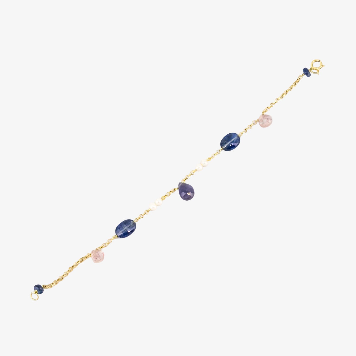 Pulsera de oro 18 kt. con zafiros, amatista, cuarzo y perlas cultivadas akoya