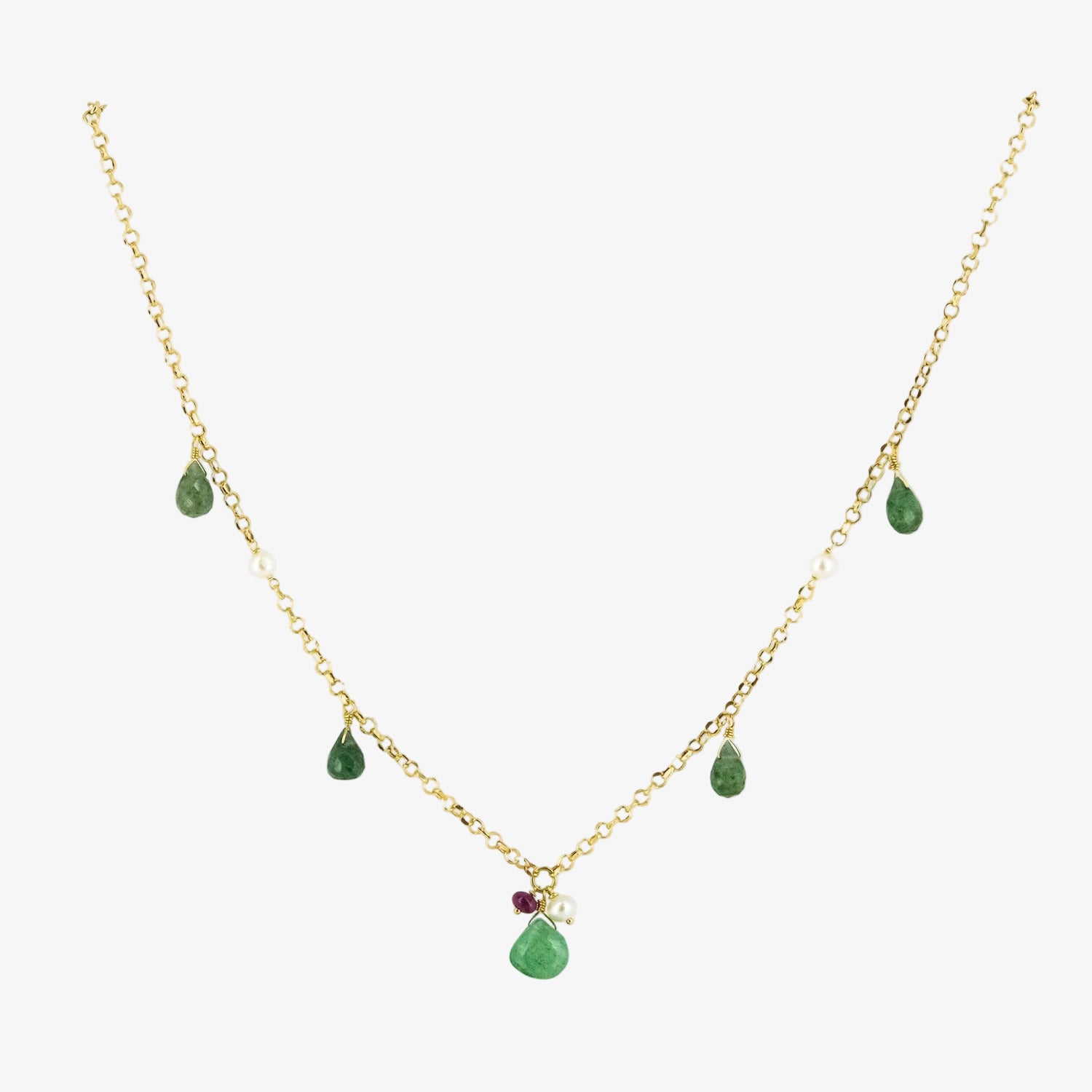 Gargantilla de oro amarillo de 18 kt. con peridoto, perlas y rubí