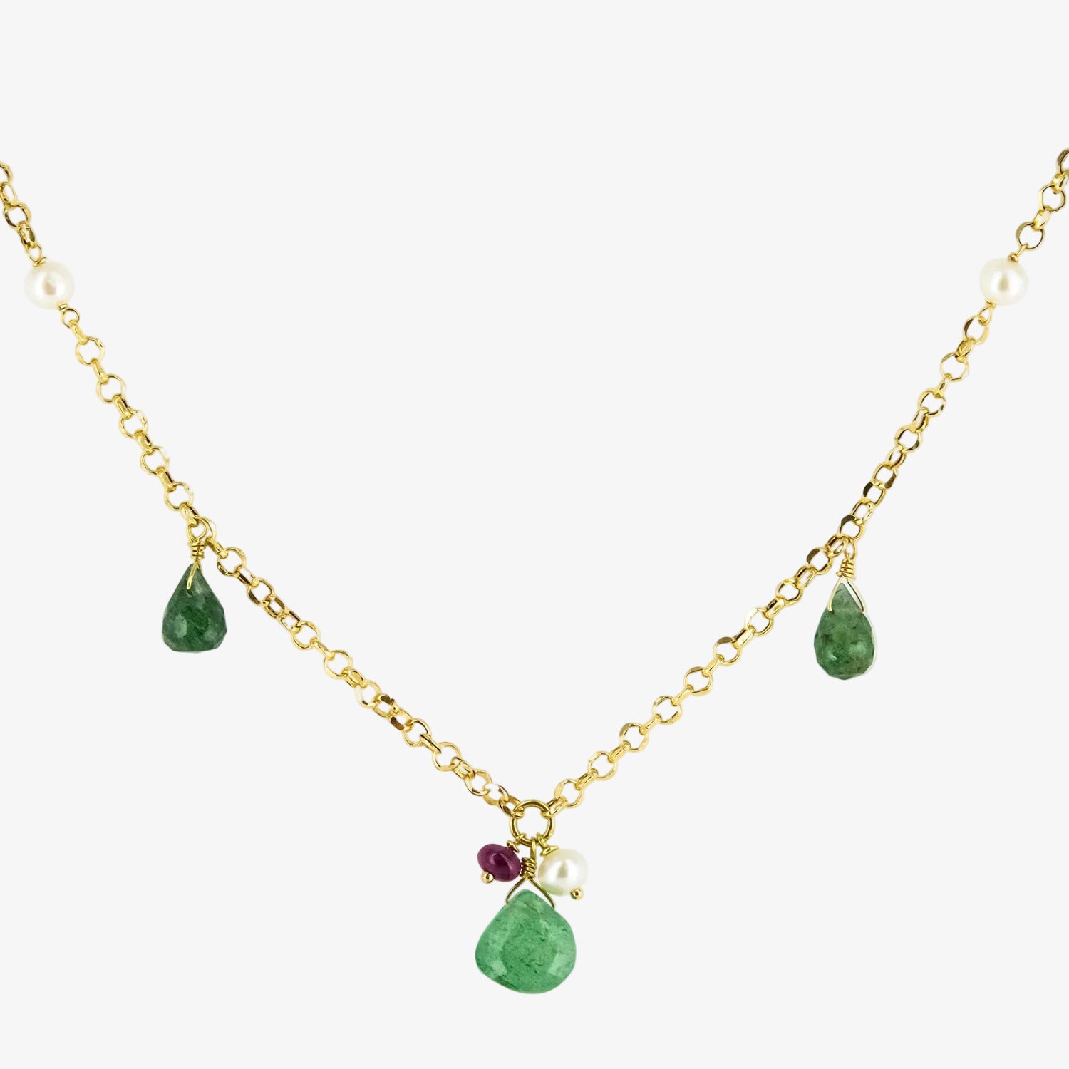 Gargantilla de oro amarillo de 18 kt. con peridoto, perlas y rubí