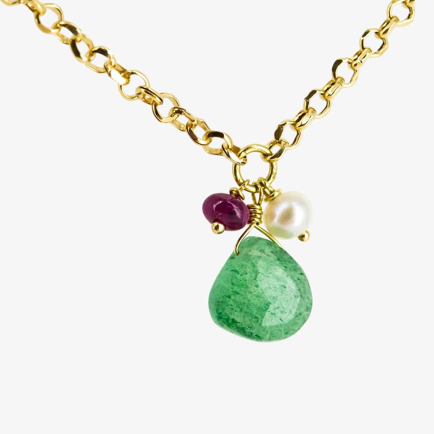 Gargantilla de oro amarillo de 18 kt. con peridoto, perlas y rubí