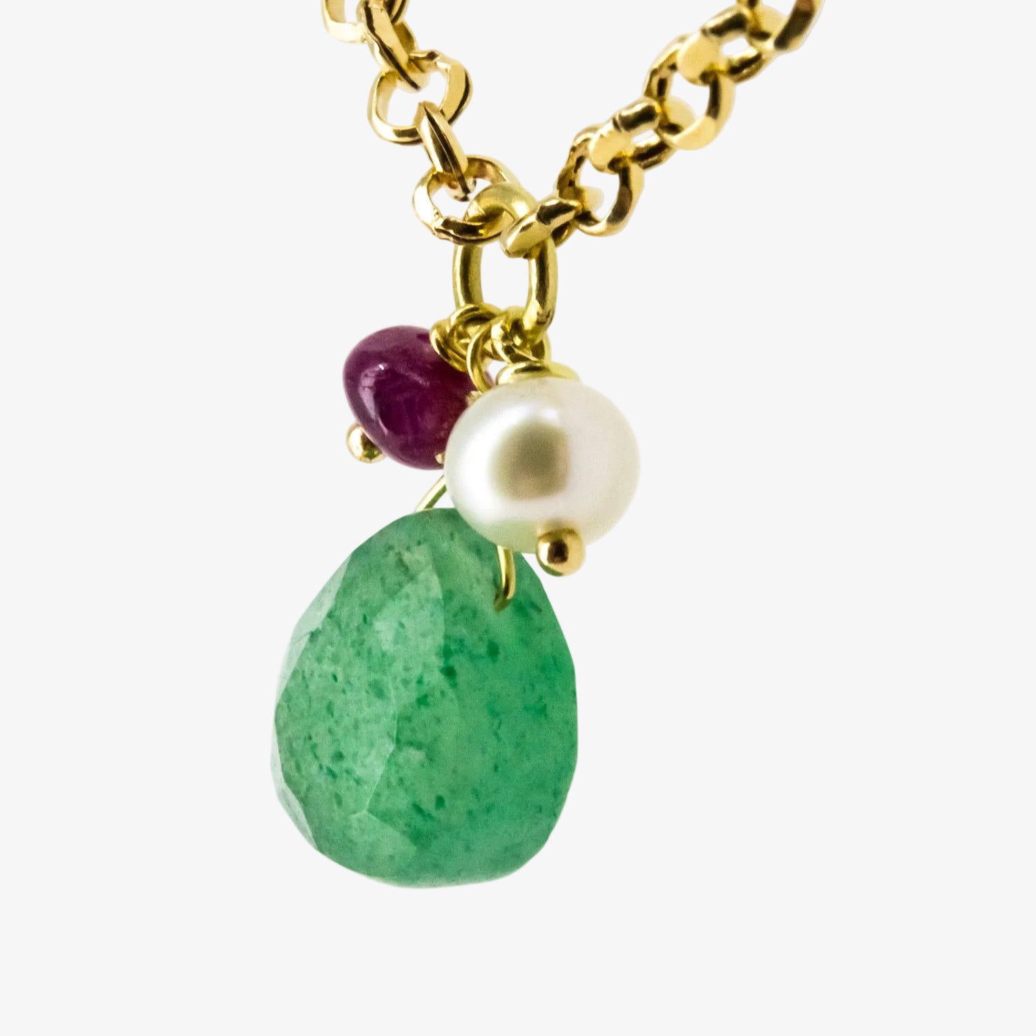 Gargantilla de oro amarillo de 18 kt. con peridoto, perlas y rubí
