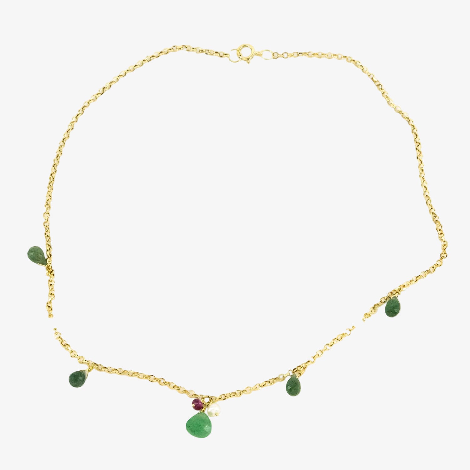 Gargantilla de oro amarillo de 18 kt. con peridoto, perlas y rubí