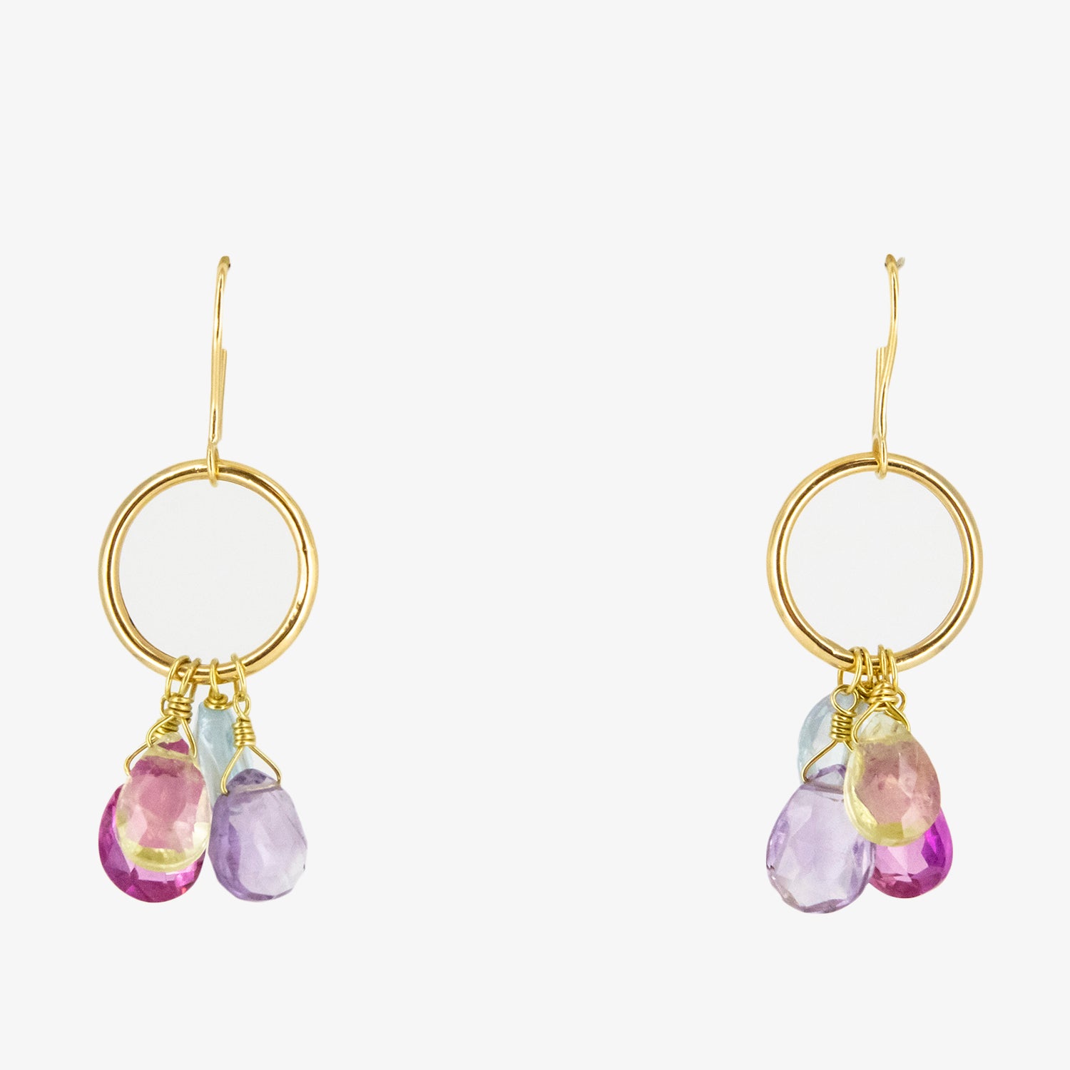 Pendientes de oro 18 kt. con citrino, topacio azul, amatista y Rosa de Francia