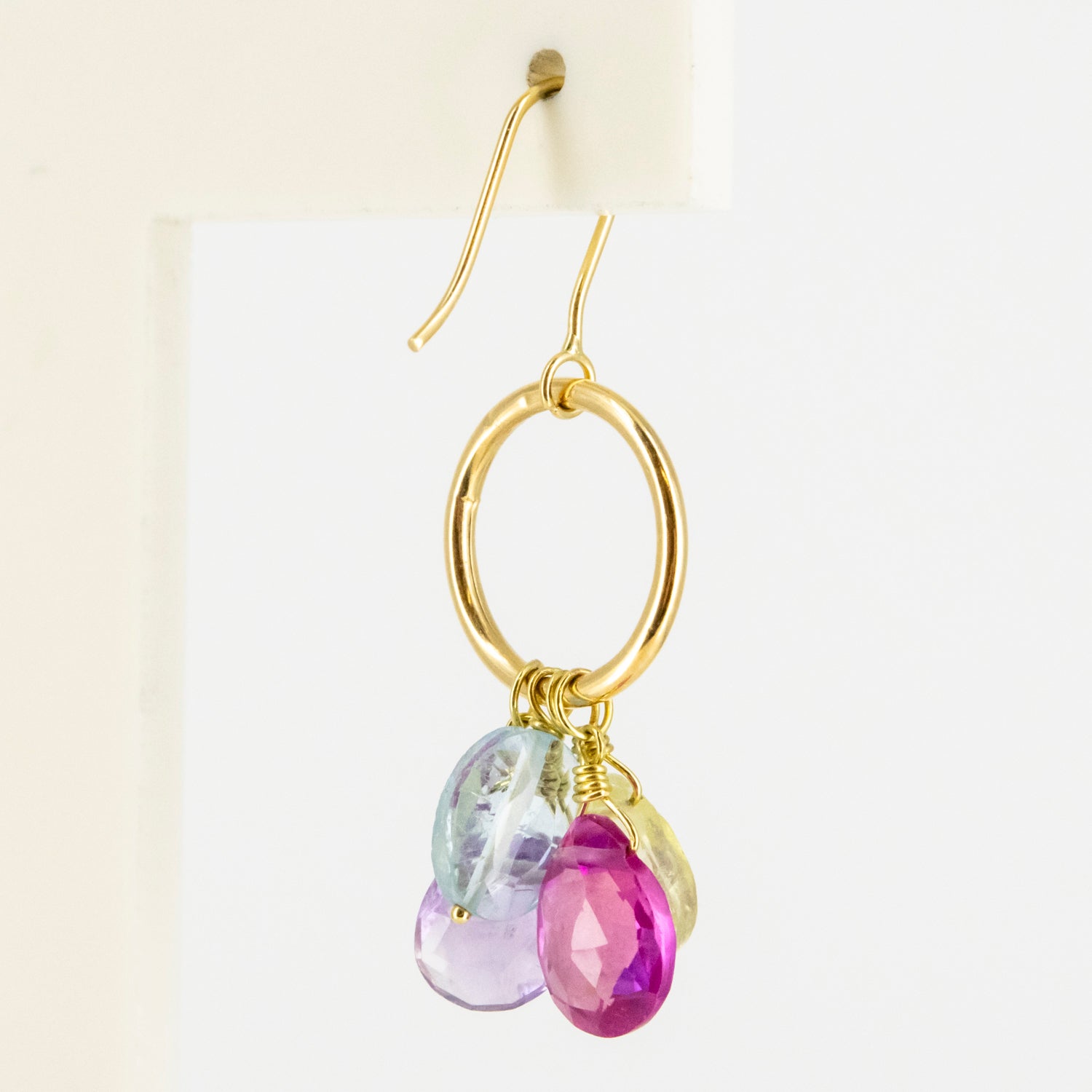 Pendientes de oro 18 kt. con citrino, topacio azul, amatista y Rosa de Francia
