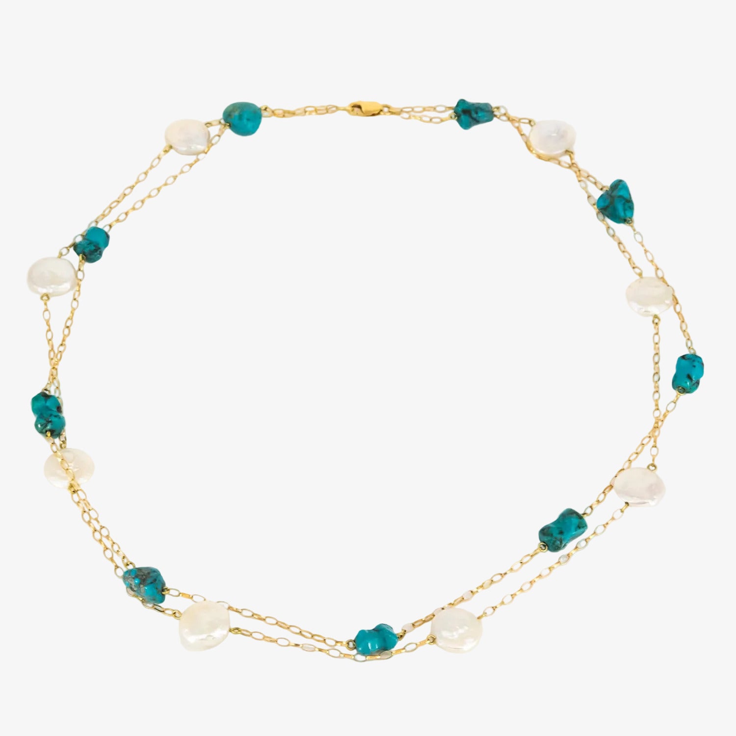 Gargantilla de oro de 18 kt. con turquesas naturales y perlas de botón