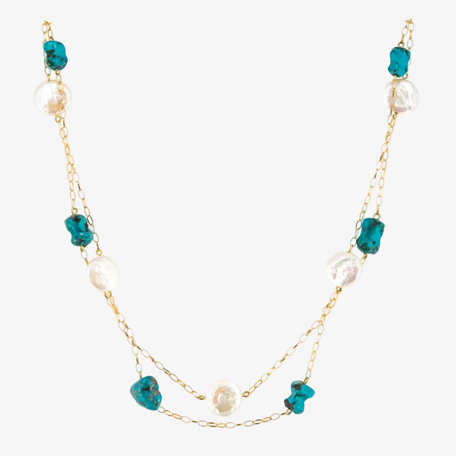 Gargantilla de oro de 18 kt. con turquesas naturales y perlas de botón