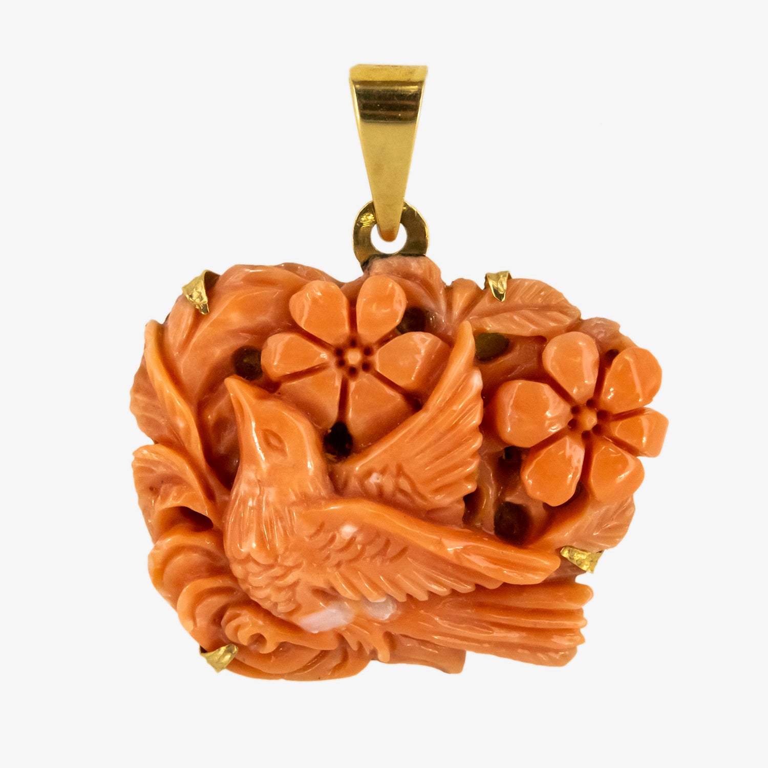 Colgante vintage de coral natural tallado a mano y oro de 18 kt.