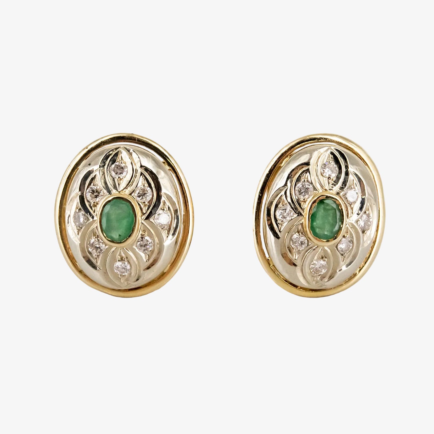 Pendientes de oro bicolor 18 kt. con esmeraldas y diamantes