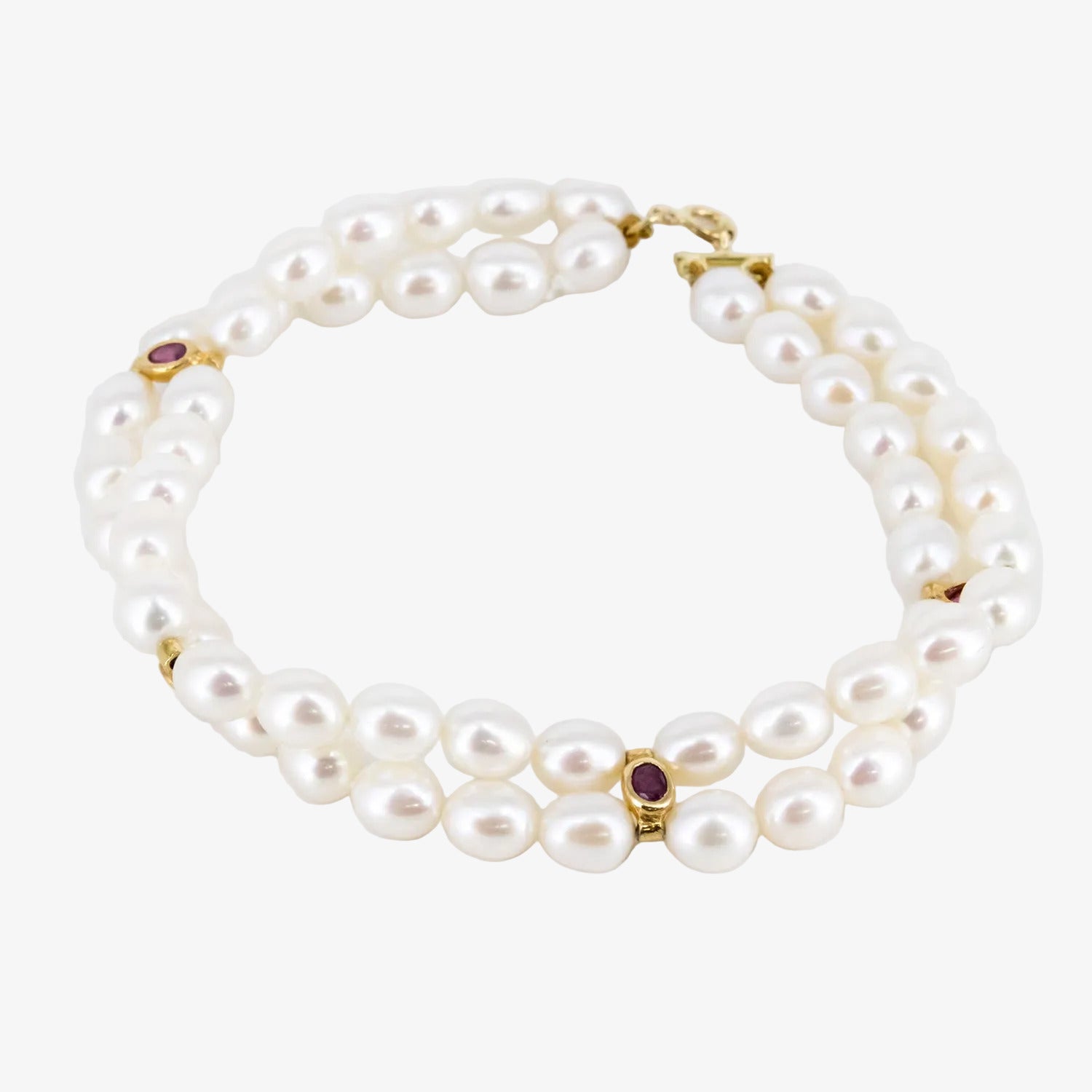 Pulsera oro 18 kt. con perlas akoya y rubíes