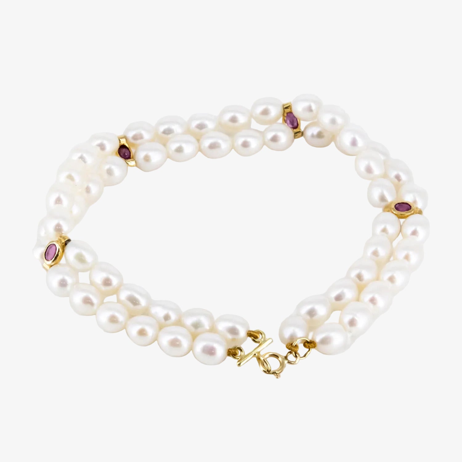 Pulsera oro 18 kt. con perlas akoya y rubíes