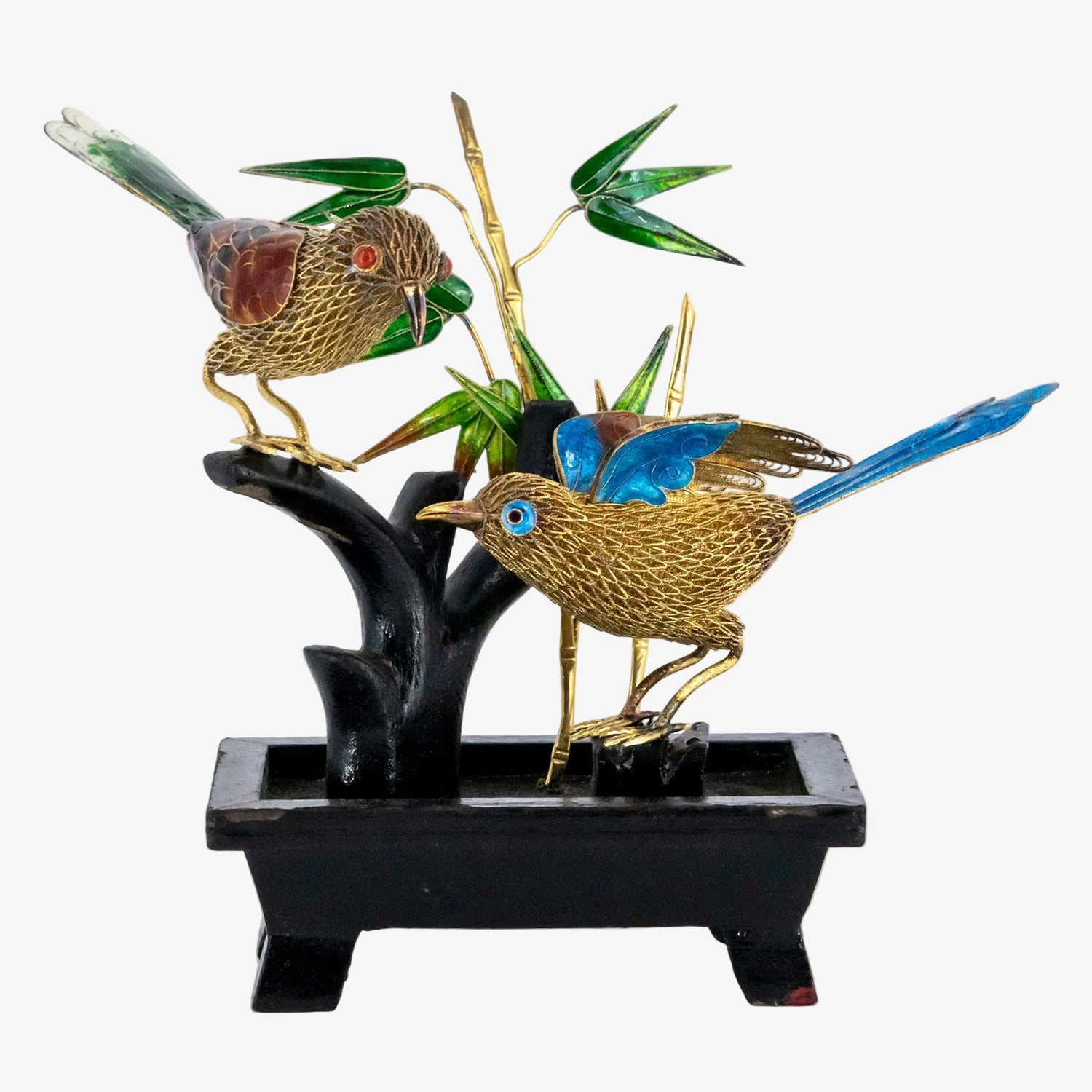 Figura decorativa con representación oriental de dos pájaros sobre bambú