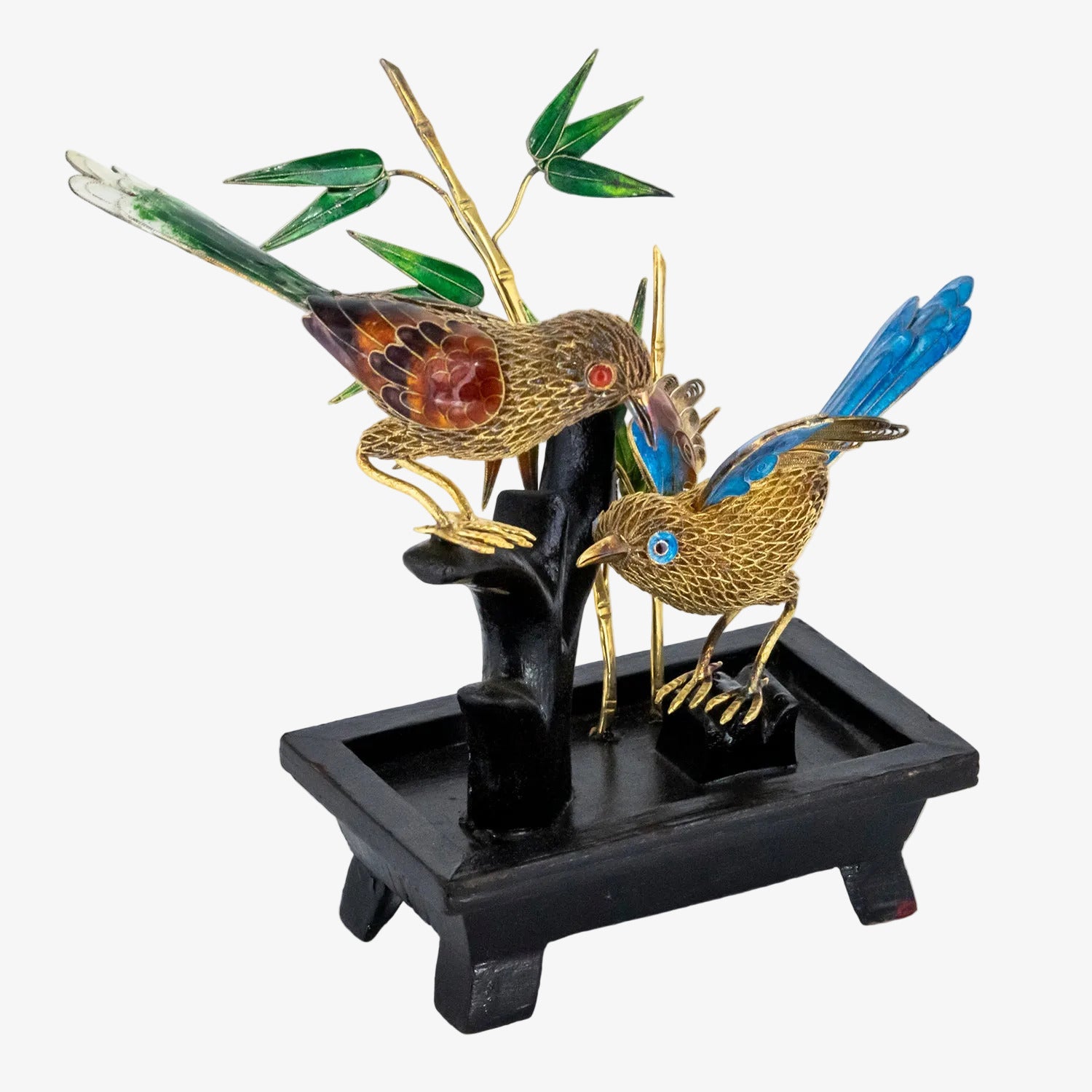 Figura decorativa con representación oriental de dos pájaros sobre bambú