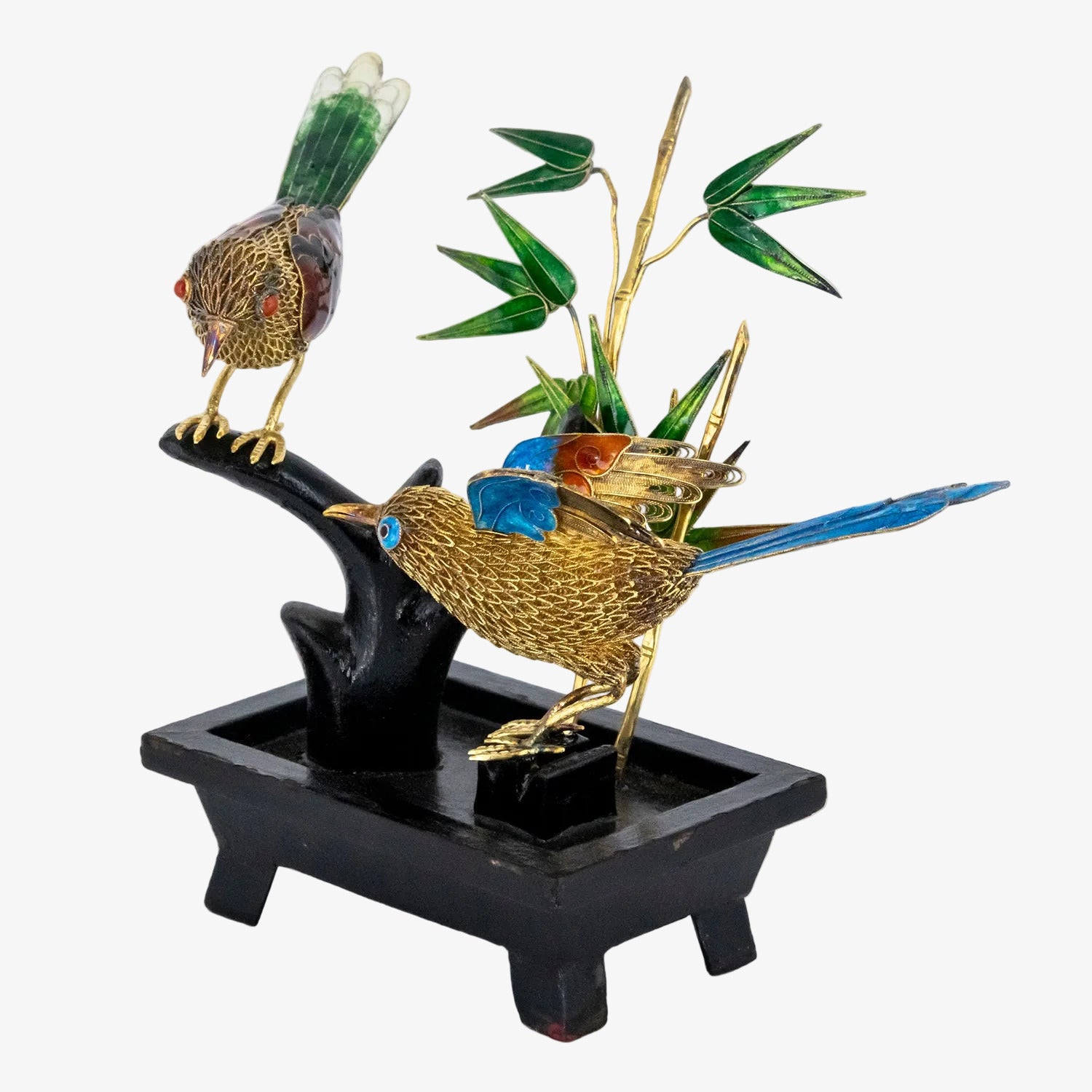Figura decorativa con representación oriental de dos pájaros sobre bambú