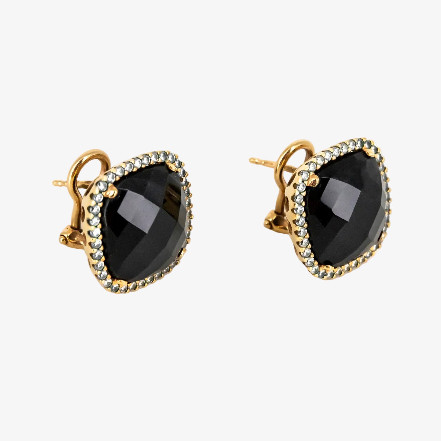 Pendientes vintage de oro 18 kt. con circonitas y ágata negra