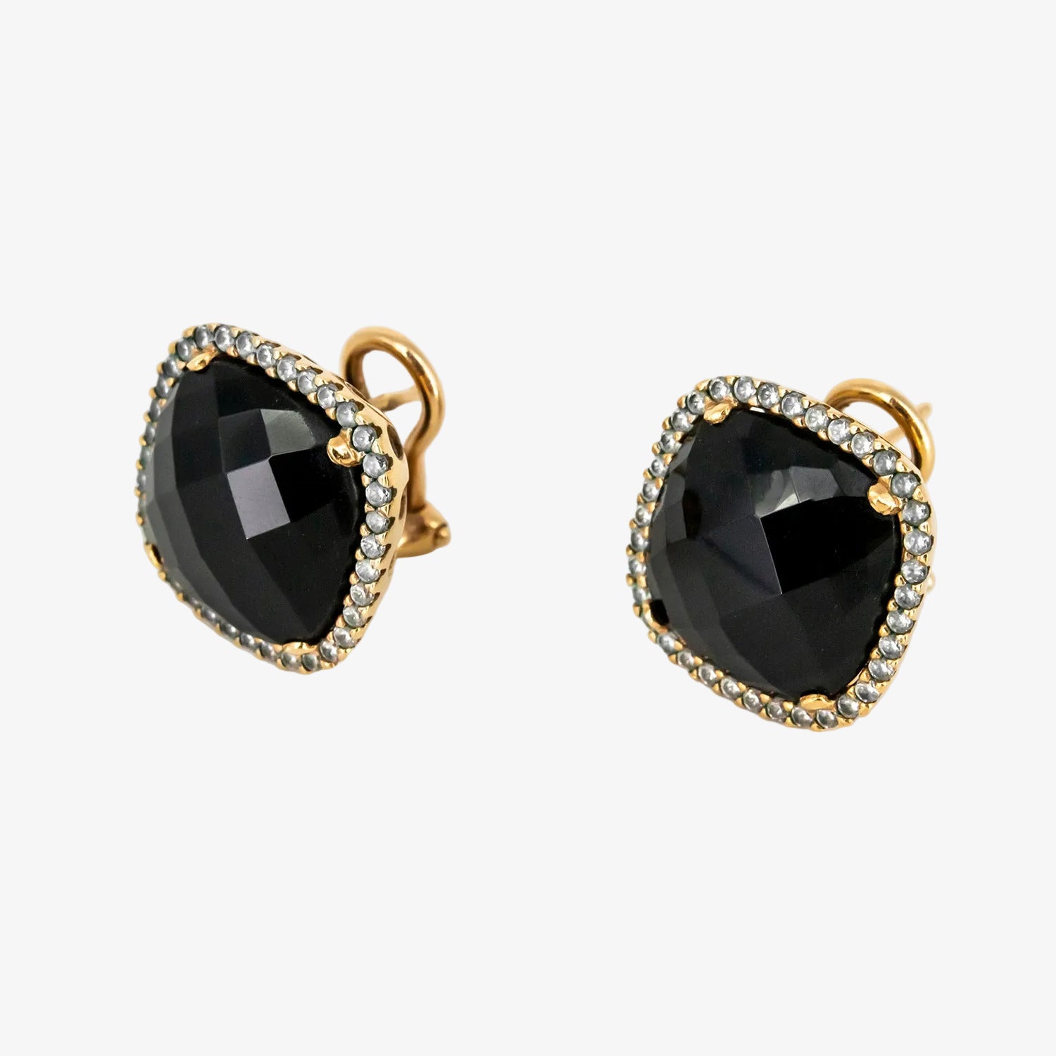 Pendientes vintage de oro 18 kt. con circonitas y ágata negra