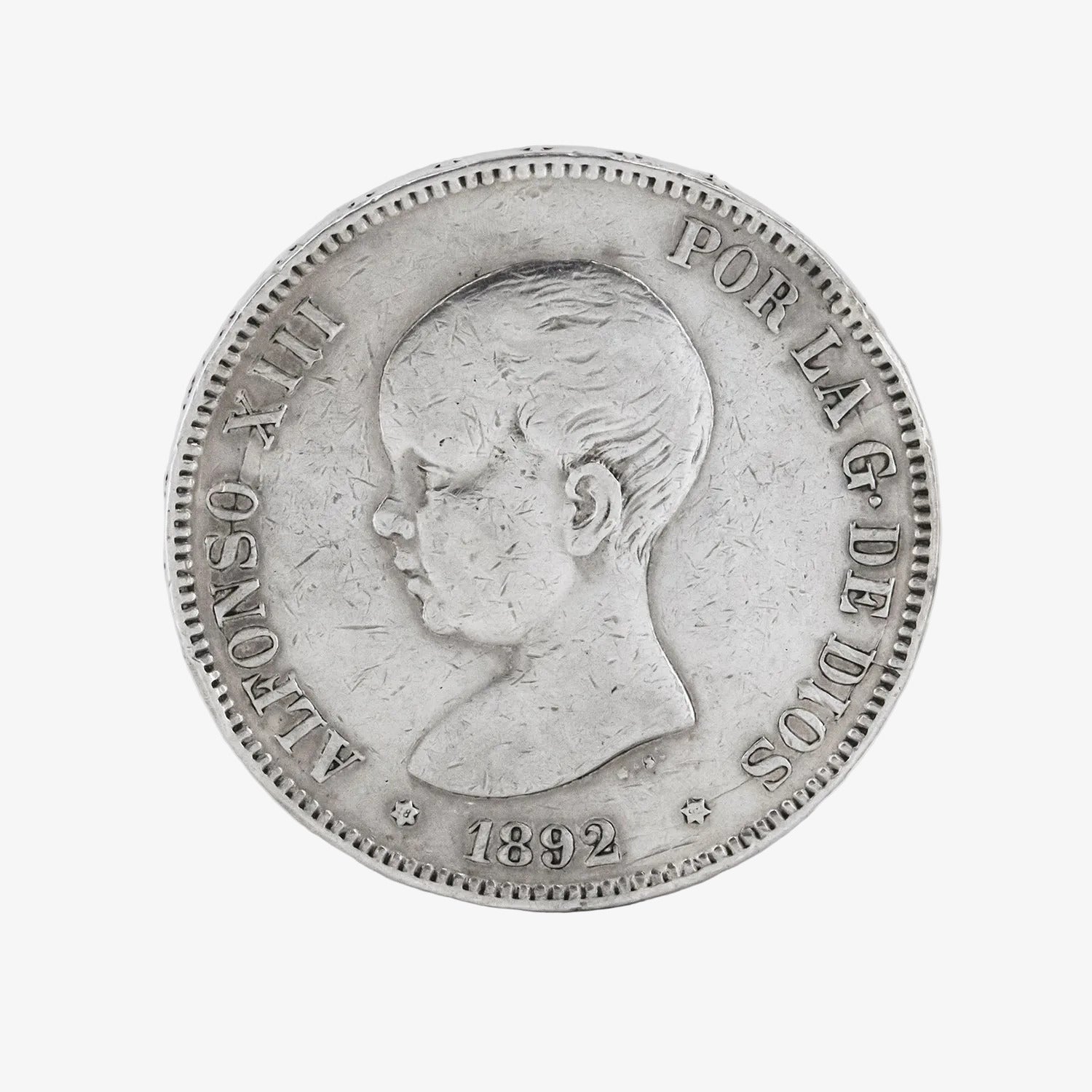 Moneda de plata de cinco pesetas de Alfonso XIII, año 1892