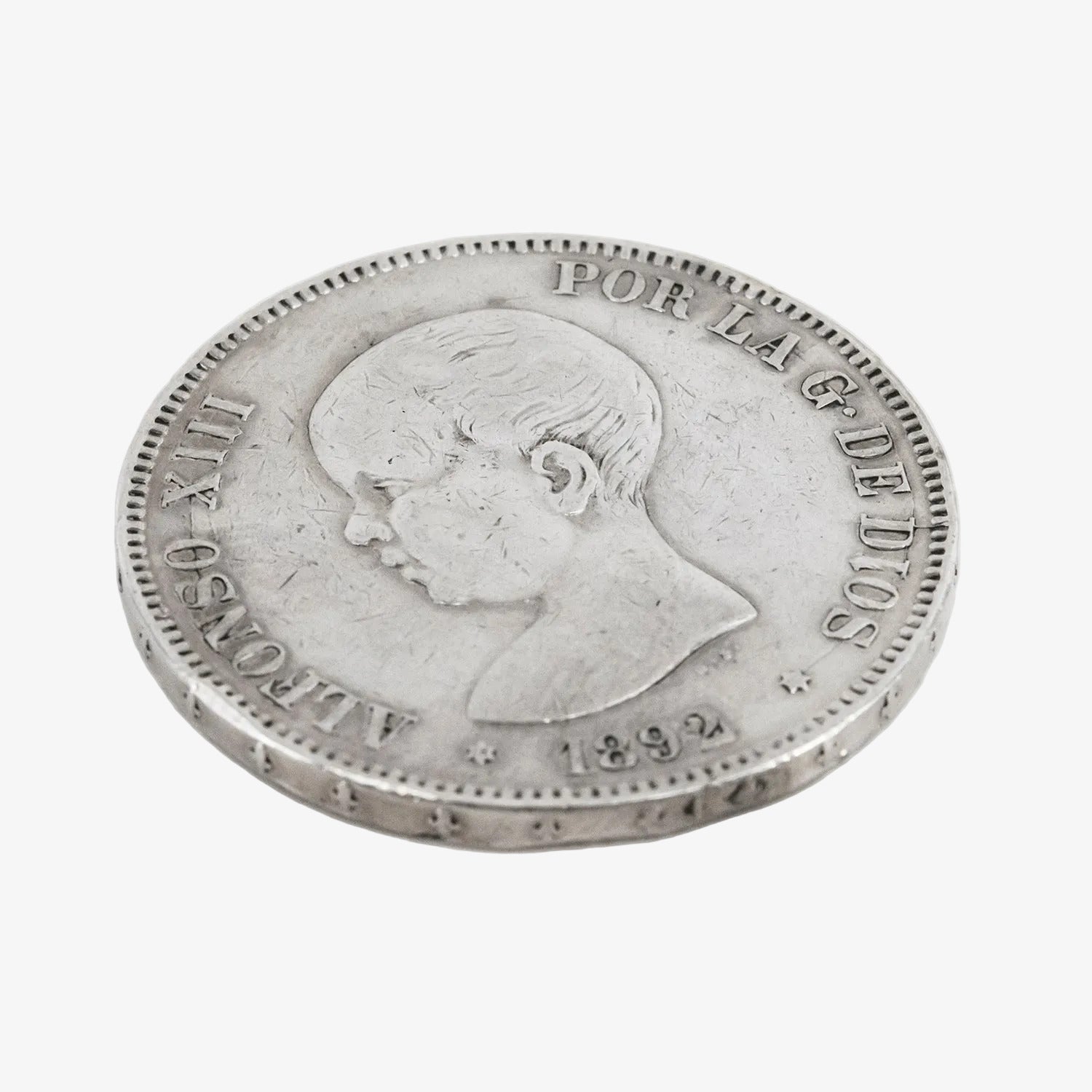 Moneda de plata de cinco pesetas de Alfonso XIII, año 1892