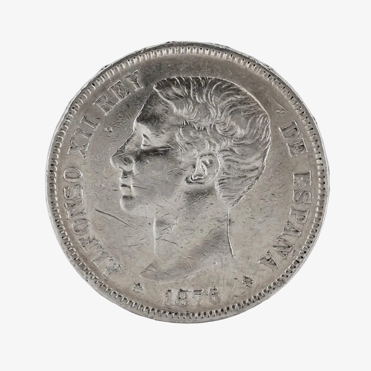 Moneda de plata de cinco pesetas de Alfonso XII, año 1876