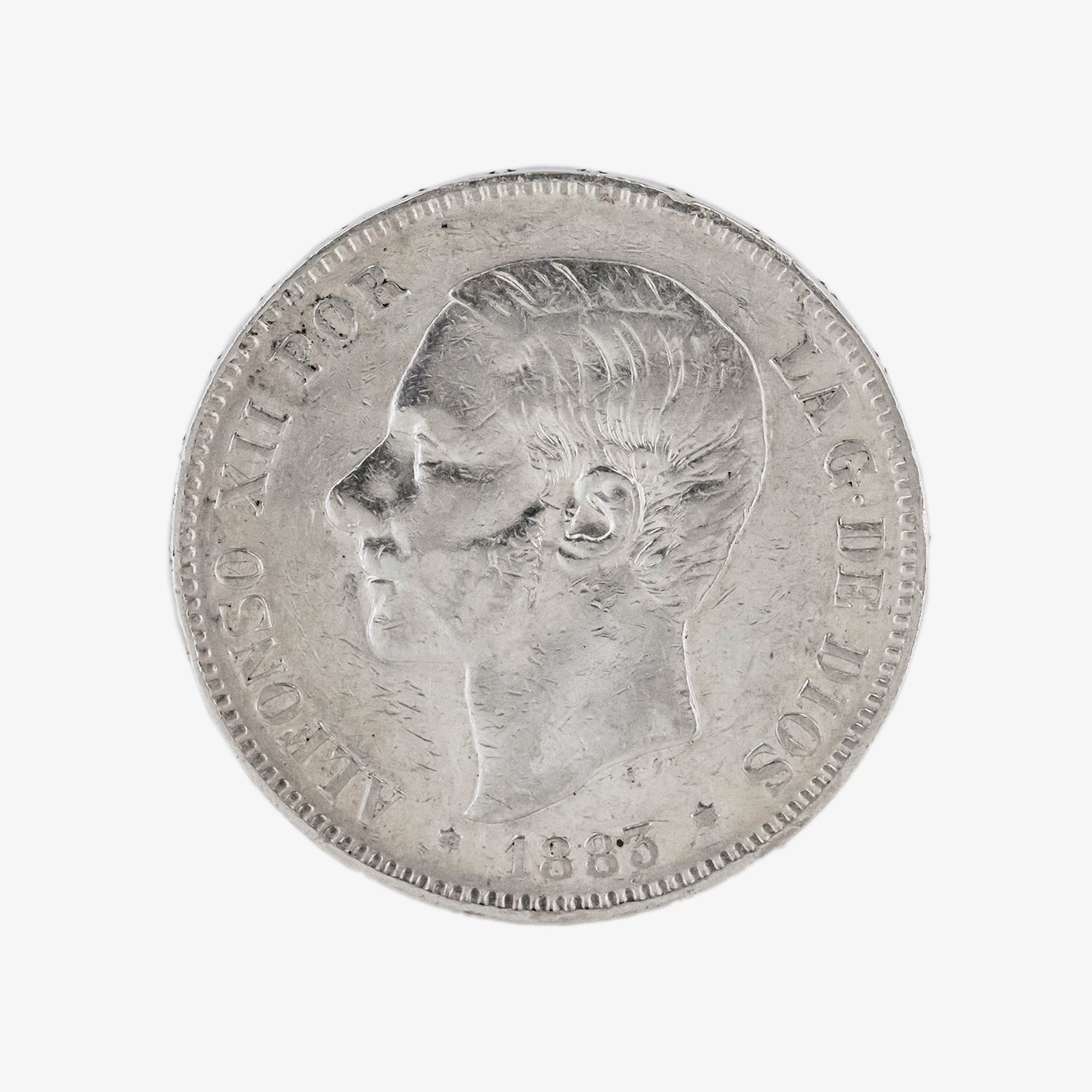 Moneda de plata de cinco pesetas de Alfonso XII, año 1883