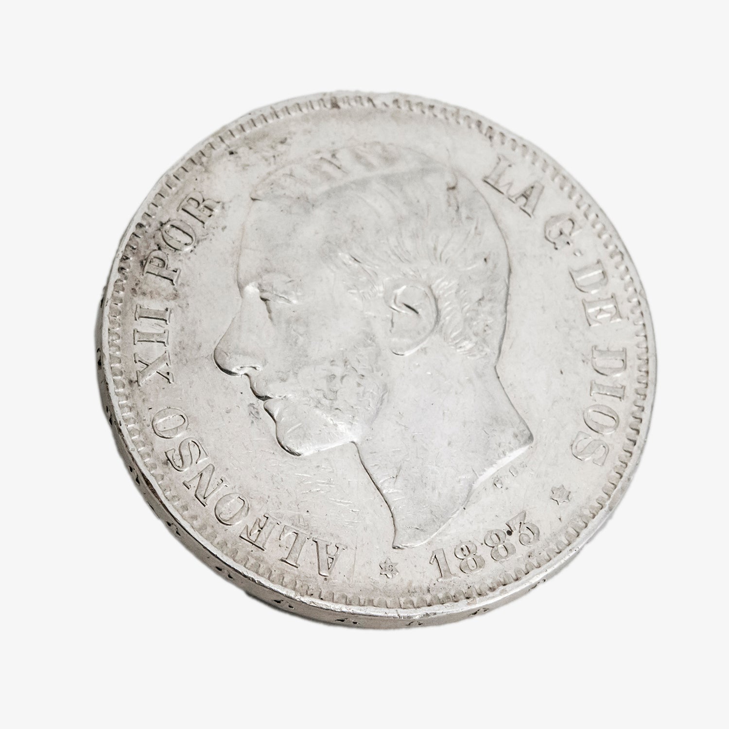 Moneda de plata de cinco pesetas de Alfonso XII, año 1883